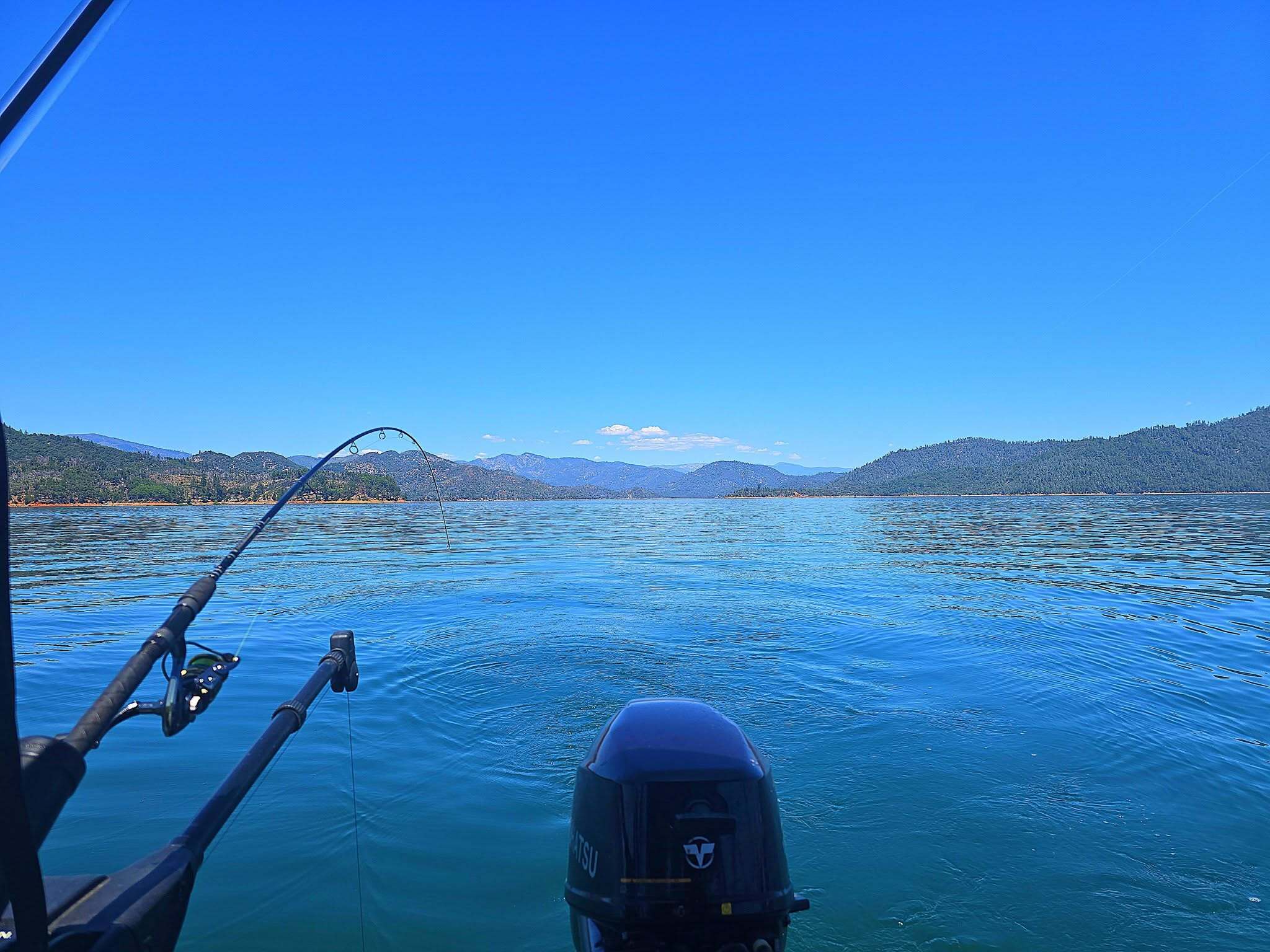 A rod bent into a fish on the wide blue water of Shasta Lake, California's largest reservoir